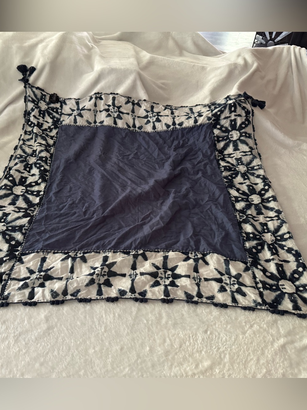 W By Worth Blue Batik Pattern Tassels Scarf